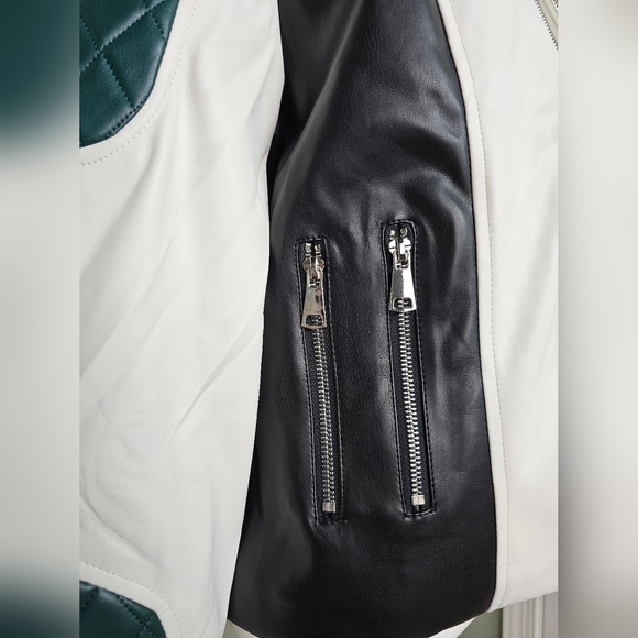 Color-block Vegan Leather Moto Jacket Black White Dark Green LARGE - Picture 9 of 13